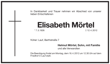 Traueranzeige von Elisabeth Mörtel von Pegnitz-Zeitung